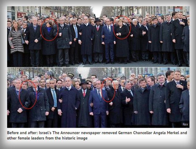 Israel's The Announcer removed German Chancellor Angela Merkel and other female leaders from the historic image of the Sunday march 2015 January 11, so as not to offend its highly devout Orthodox readers.