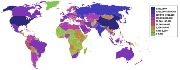 List of countries by carbon dioxide emissions as of March 2006 - Countries by carbon dioxide emissions in thousands of tonnes per annum, via the burning of fossil fuels (blue the highest and green the lowest).